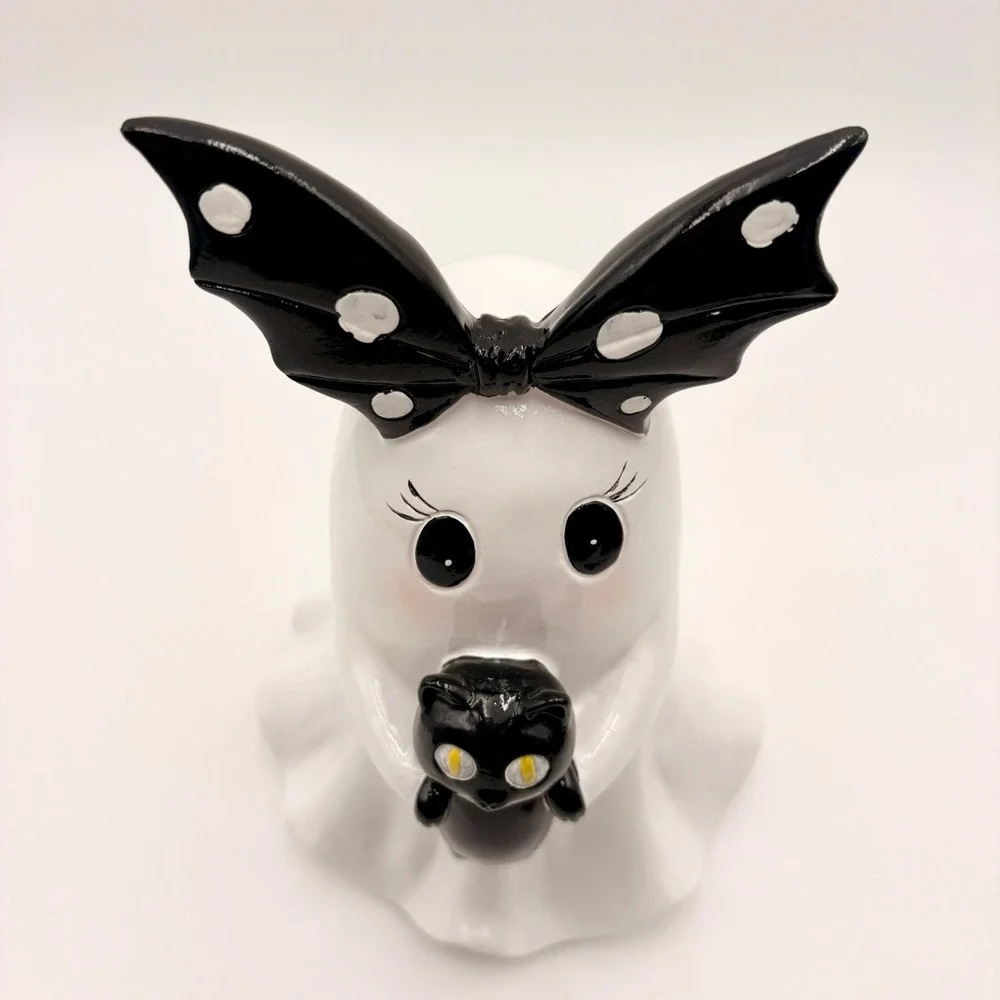 Halloween Ghost Figurine with Black Cat and Bat Wing Bow Decor